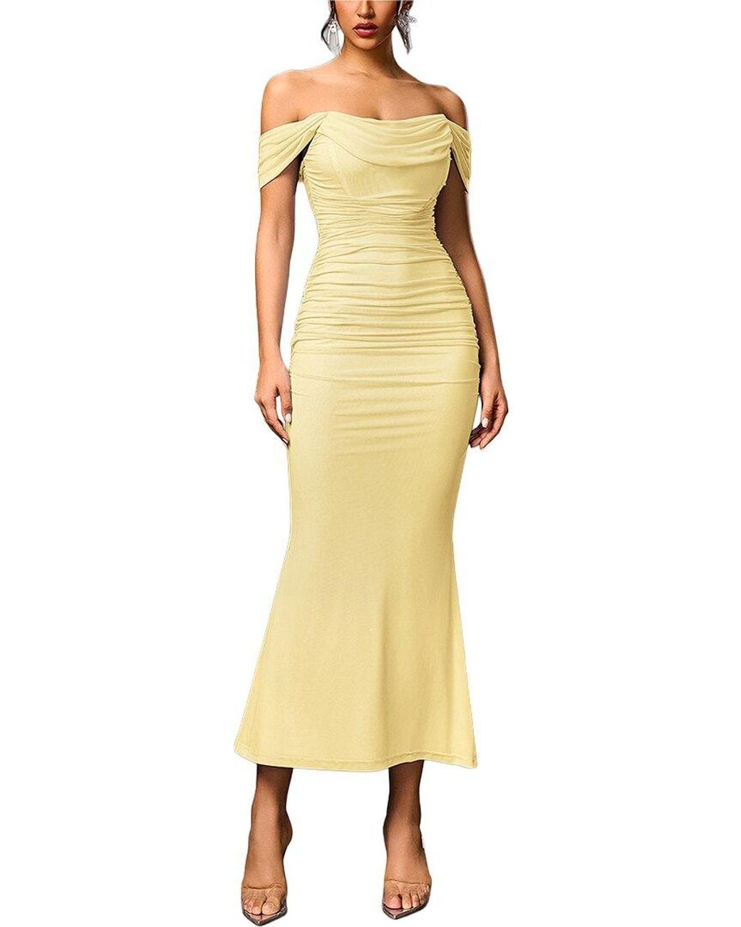 Amanda Royal Yellow Off-The-Shoulder Midi Dress