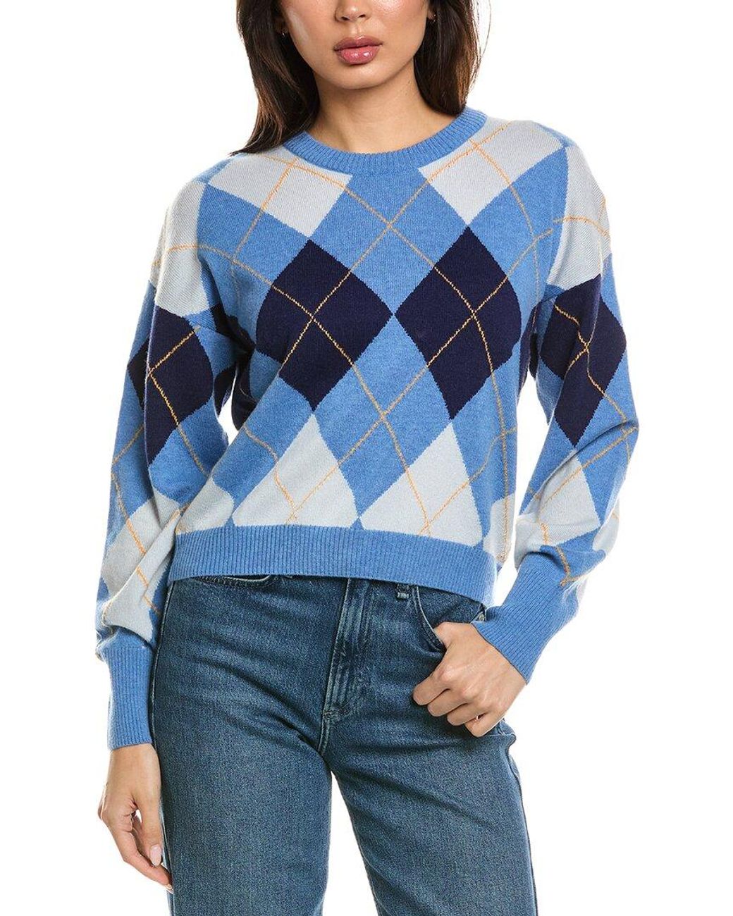 Brodie Cashmere Blue Argyle Balloon Sleeve Crewneck Wool & Cashmere-blend Sweater