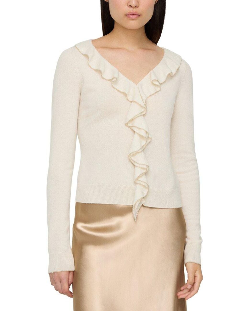 Lafayette 148 New York Natural Ruffle Trim Button Front 100% Cashmere Sweater