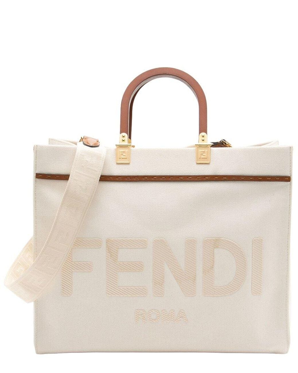 Fendi Natural Canvas & Leather Sunshine Medium Shopper Tote (Authentic Pre- Loved)