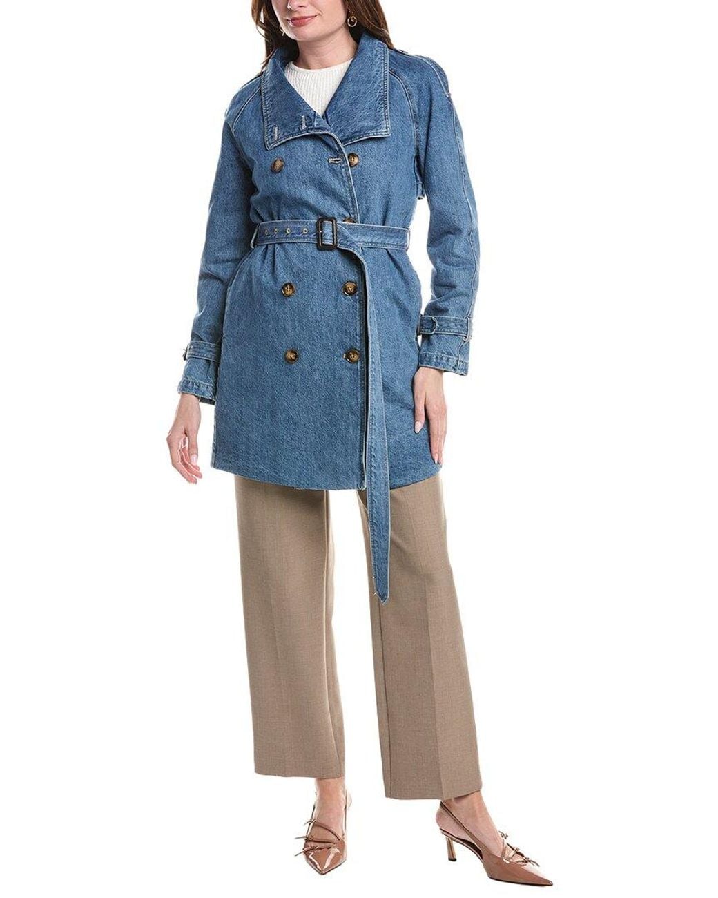 NVLT Blue Shawl Collar Double-Breasted Denim Belted Trench Coat