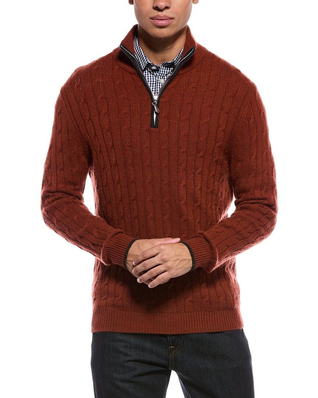 N.Peal Cashmere Red Albemarle Cable Cashmere 1/2-Zip Sweater for men