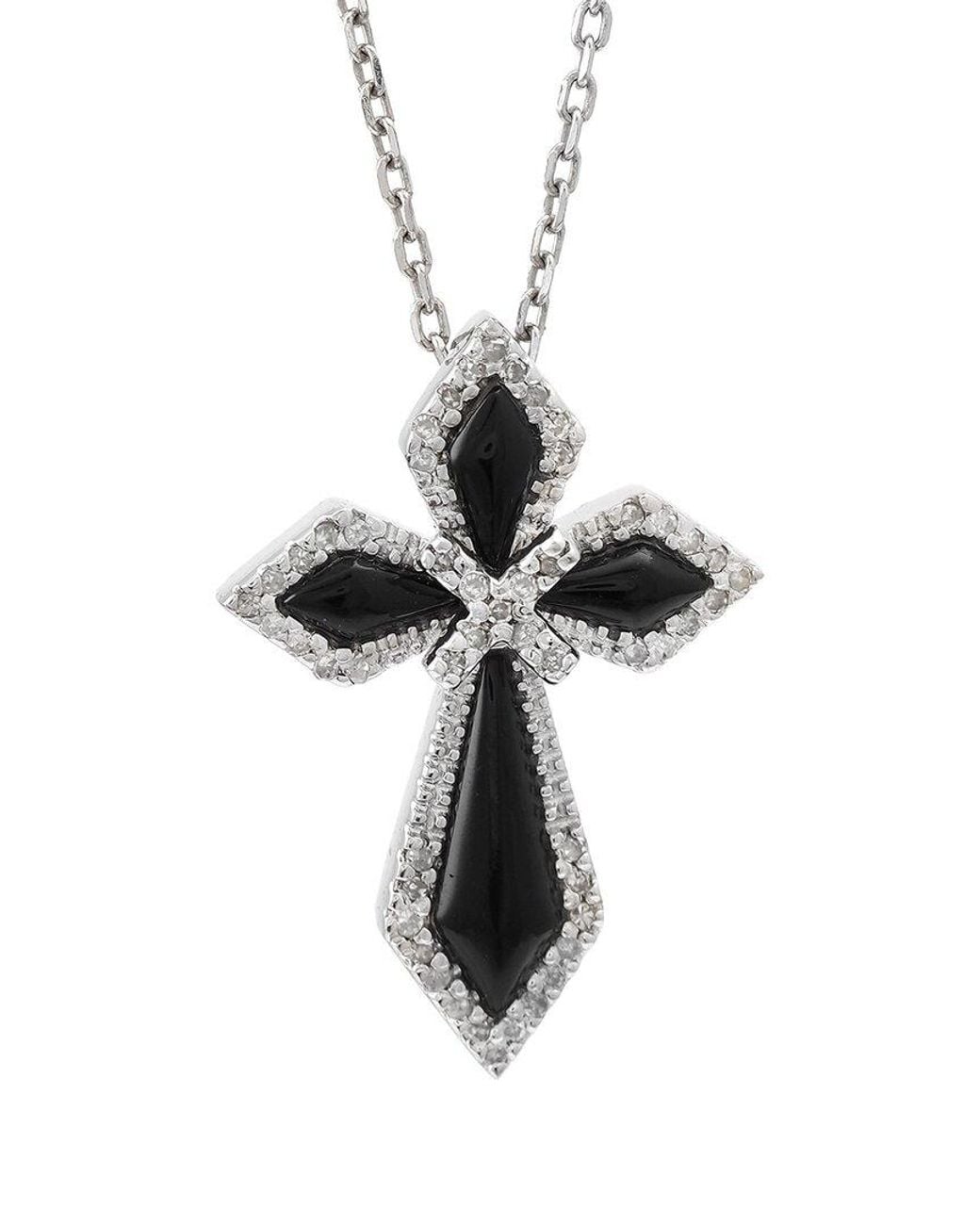 Diamond Select Cuts White Silver 0.15 Ct. Tw. Diamond & Onyx Cross Necklace