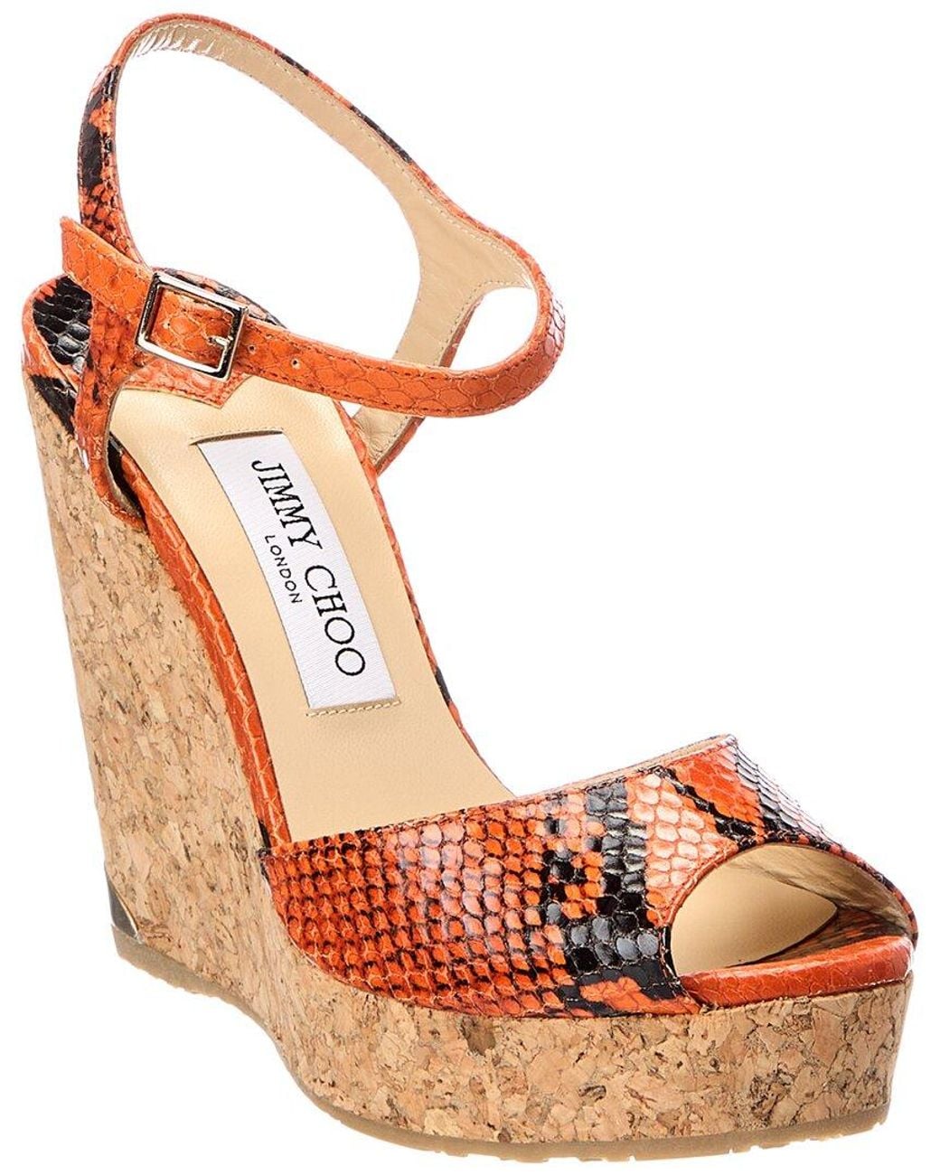 Jimmy Choo Orange Perla 120 Snake-Embossed Leather Wedge Sandal