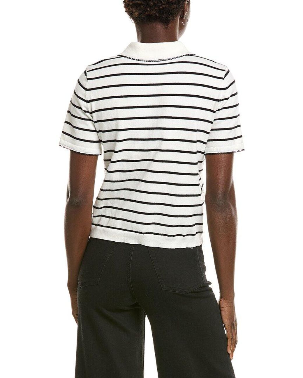 Cece White Stripe Contrast Trim Collar Top