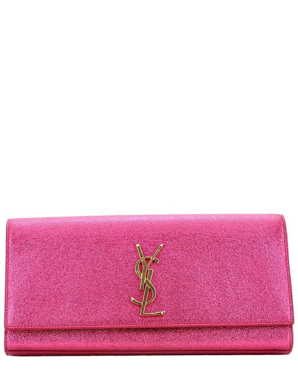 Saint Laurent Pink Metallic Calfskin Classic Monogram Clutch Long (Authentic Pre-Loved)