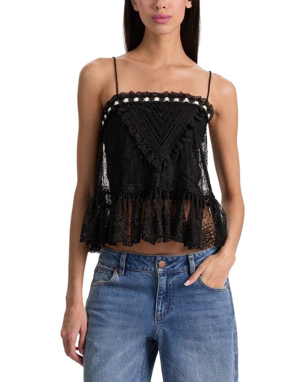 Alice + Olivia Black Alessia Lace Ruffle Crop Top