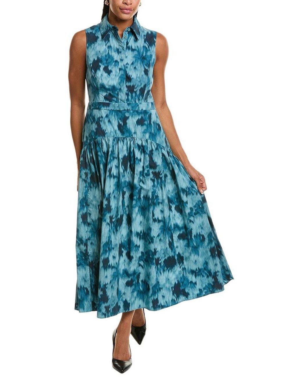 Michael Kors Blue Floral Chiné Cotton Poplin Drop Waist Shirtdress