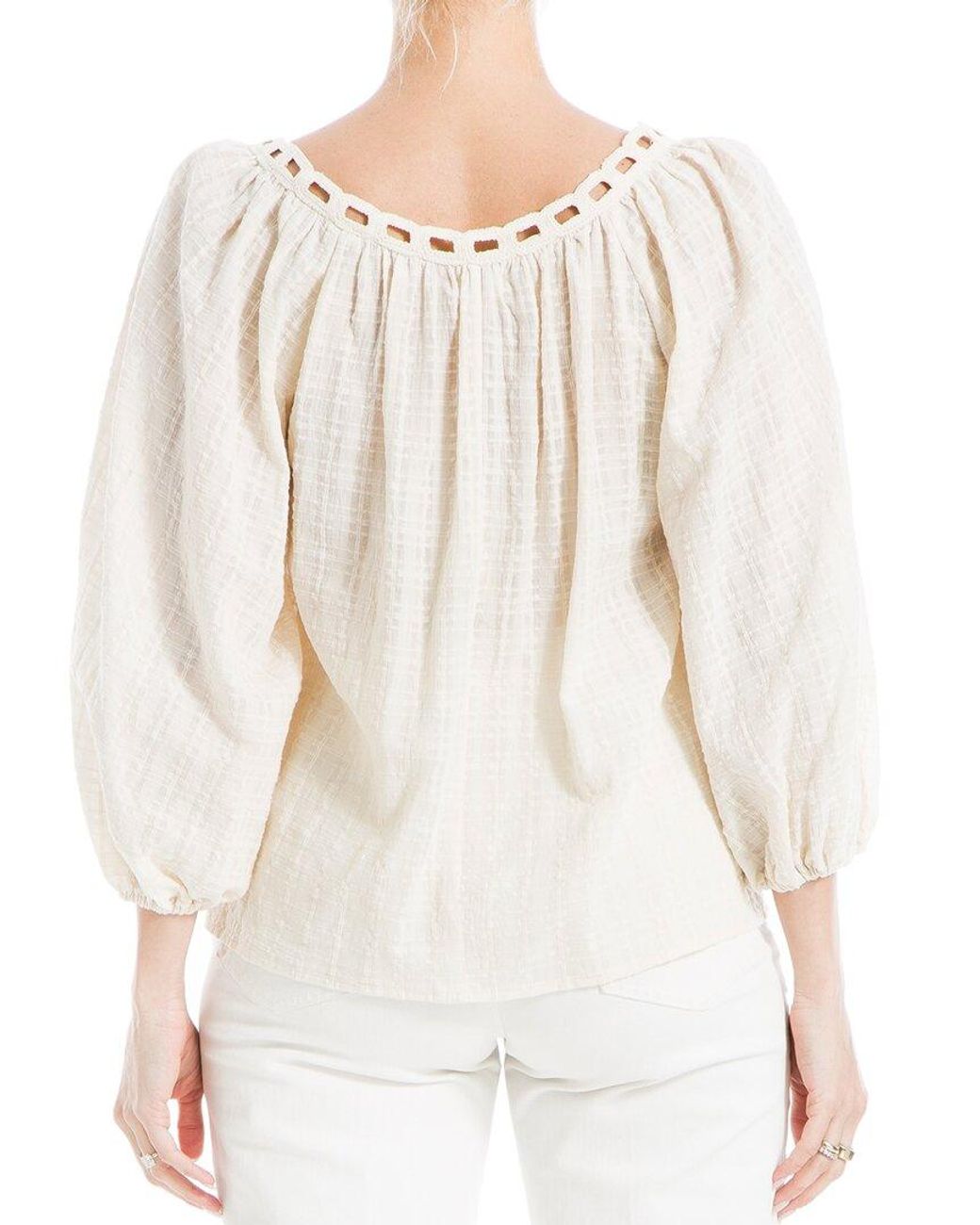 Max Studio White 3/4-Bubble Sleeve Crochet Neck Top