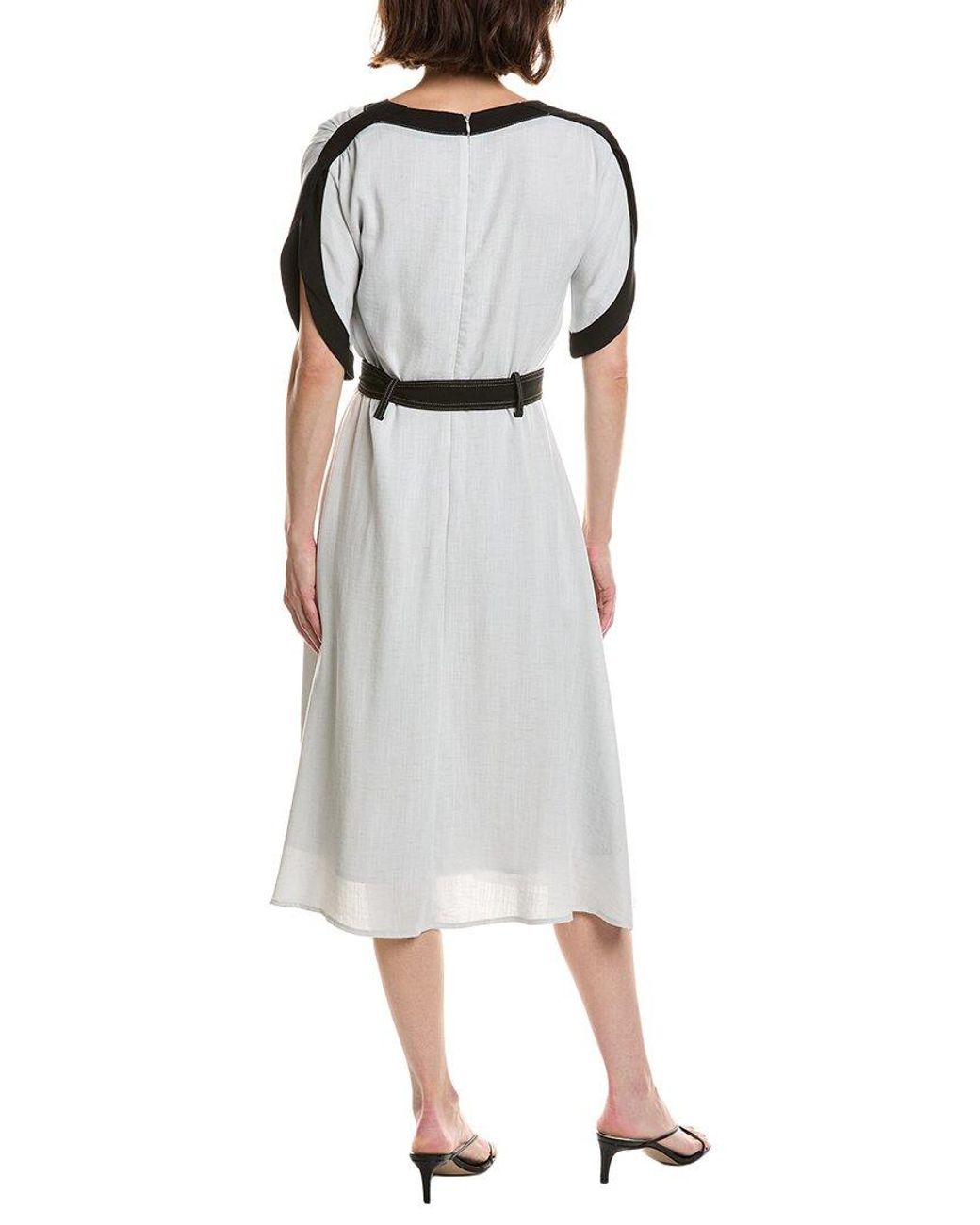 Pascale La Mode Gray V-Neck Belted Linen-Blend Midi Dress