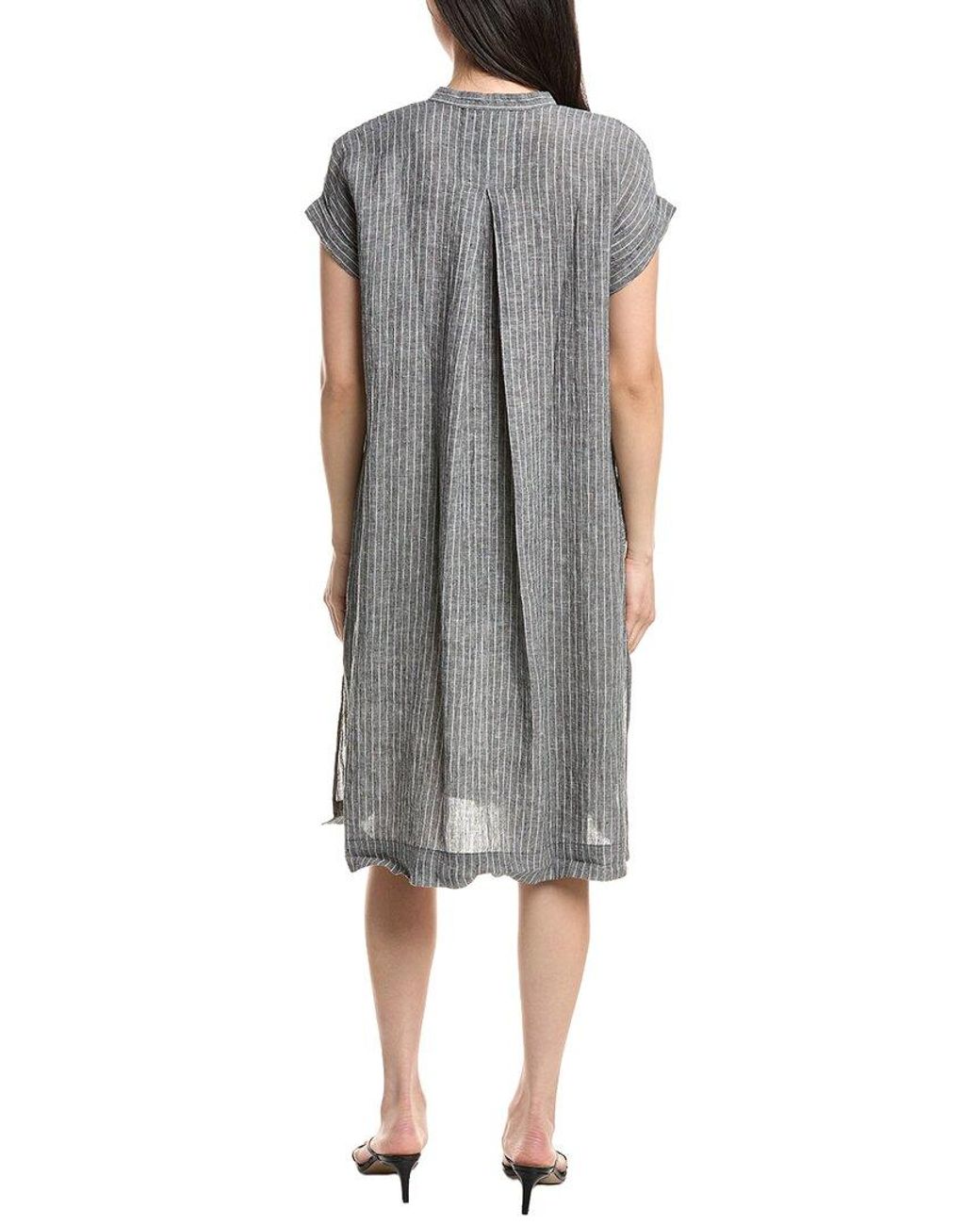Eileen Fisher Gray Petite Mandarin Collar Linen Midi Dress