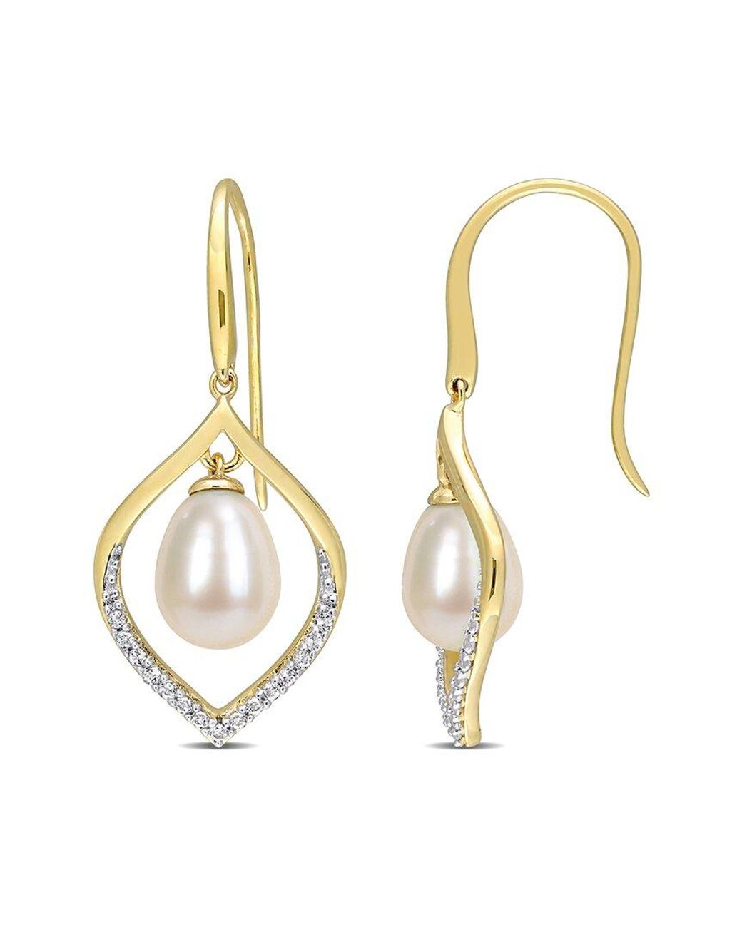 Rina Limor Metallic Gold Over Silver 0.30 Ct. Tw. White Topaz 8-8.5mm Pearl Earrings