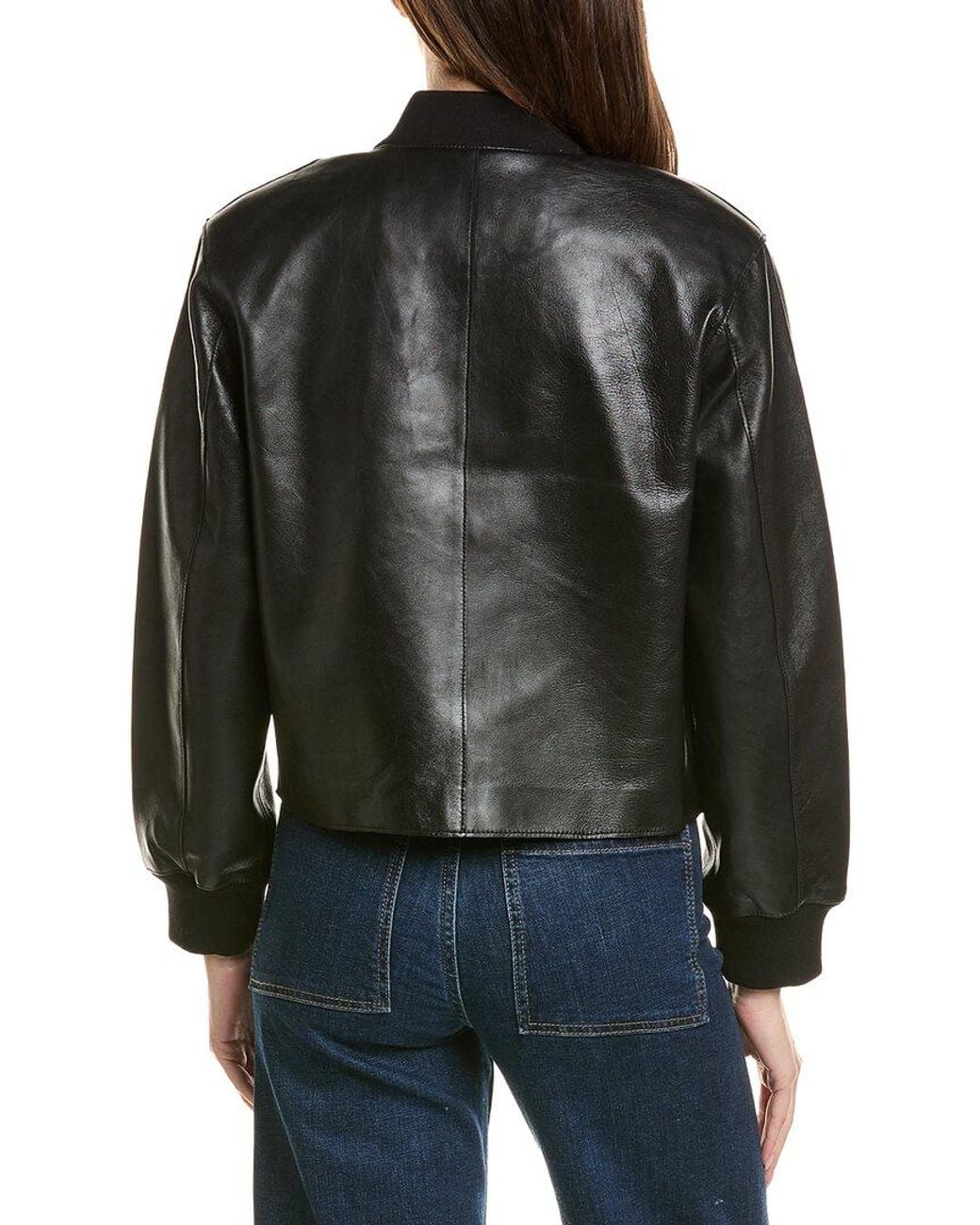 Neiman Marcus Black Cropped Zip Front Leather Bomber Jacket