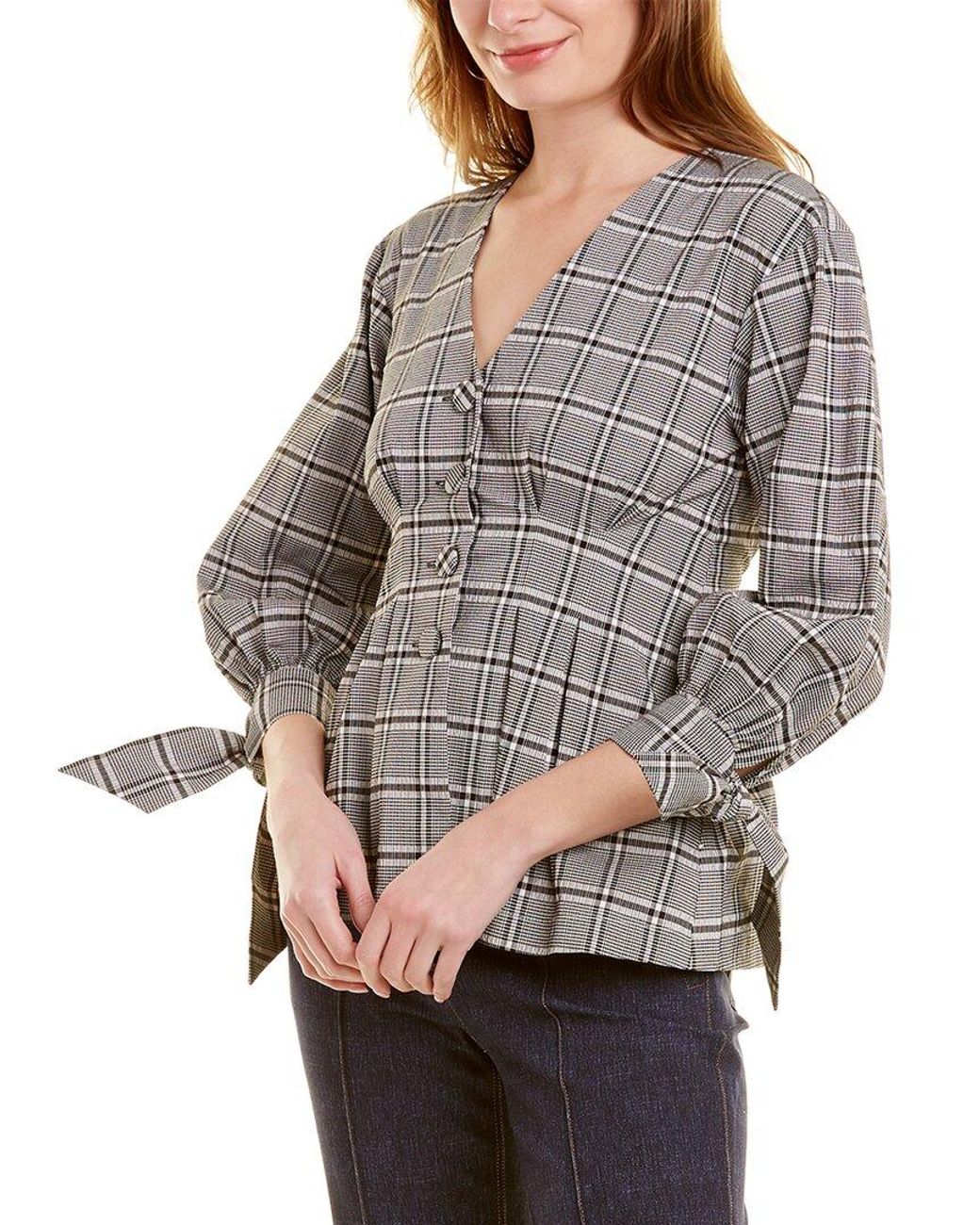 PEARL BY LELA ROSE Gray Seersucker Plaid Top