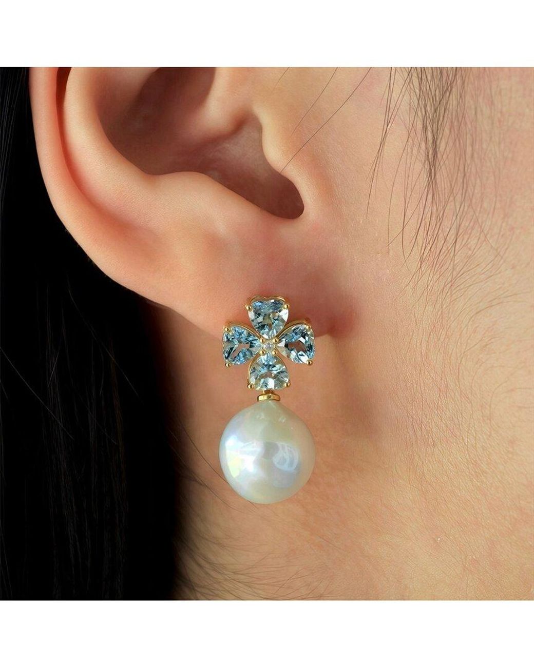 Kai Fine Jewelry Blue 14K 3.83 Ct. Tw. Diamond & Aquamarine & 12-13Mm Pearl Drop Earrings