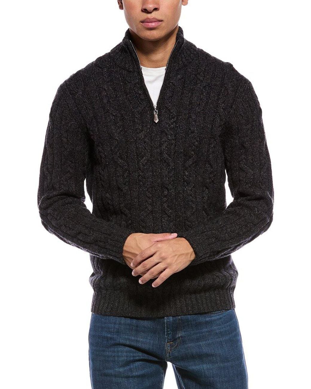 N.Peal Cashmere Black Textured Cable 1/2-Zip 100% Cashmere Mock Neck Sweater for men