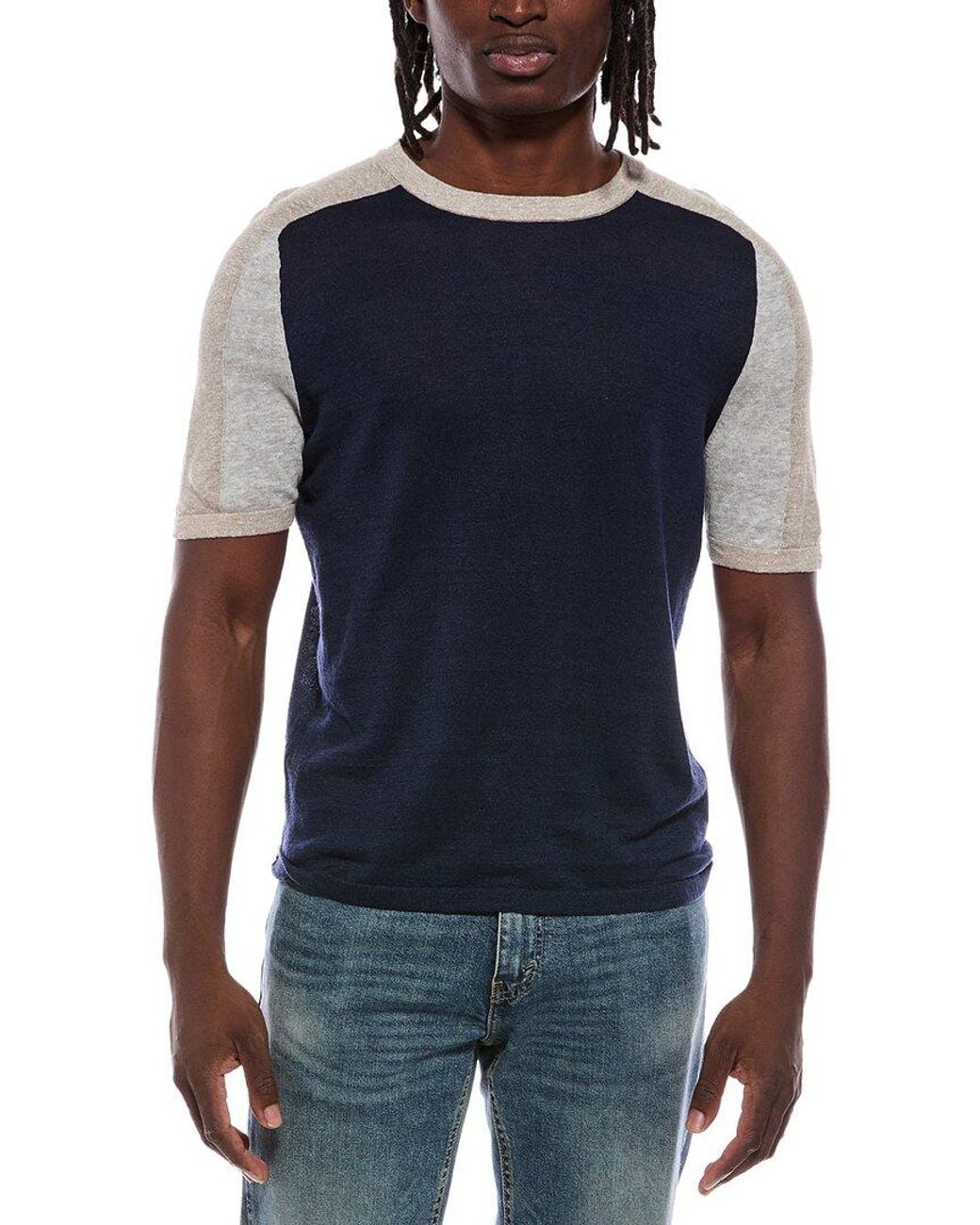 Autumn Cashmere Blue Colorblock Saddle Linen-Blend T-Shirt for men