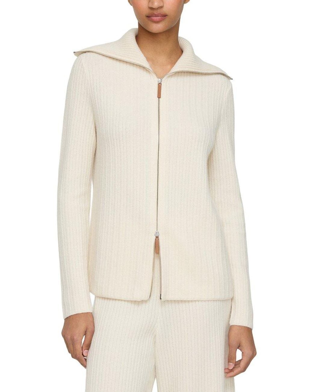 Lafayette 148 New York White Mixed Stitch Split Collar 100% Cashmere Coat