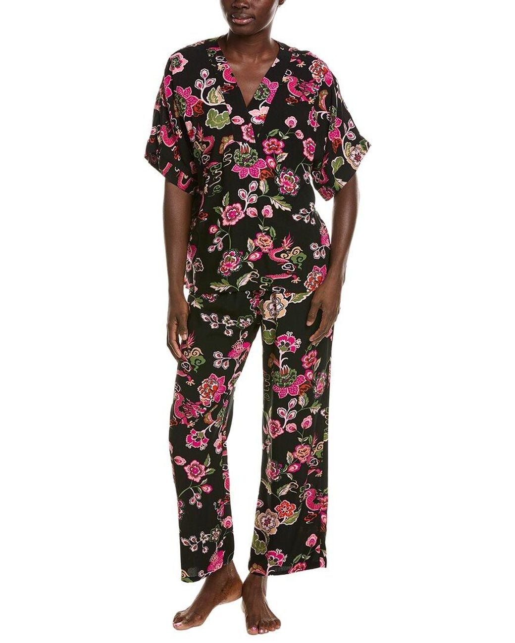 Natori Red 2Pc Fleur Dragon Printed Challis Pajama Set