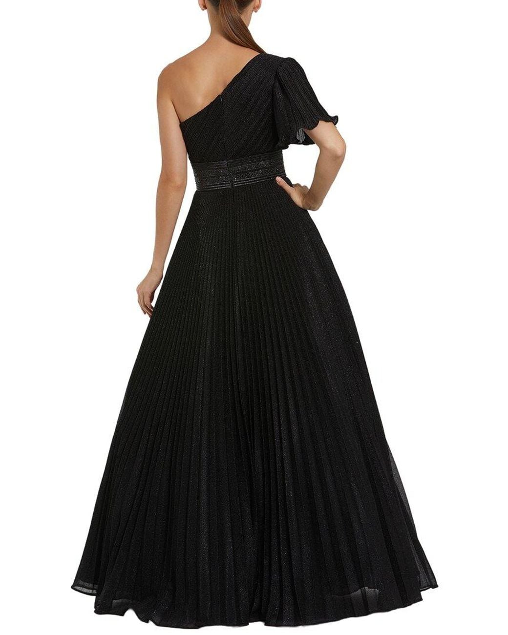 Mac Duggal Black Pleated Shimmering One Shoulder Gown