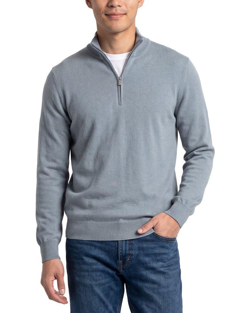 Gran Sasso Blue 100% Cashmere 1/4-Zip Mock Neck Sweater for men