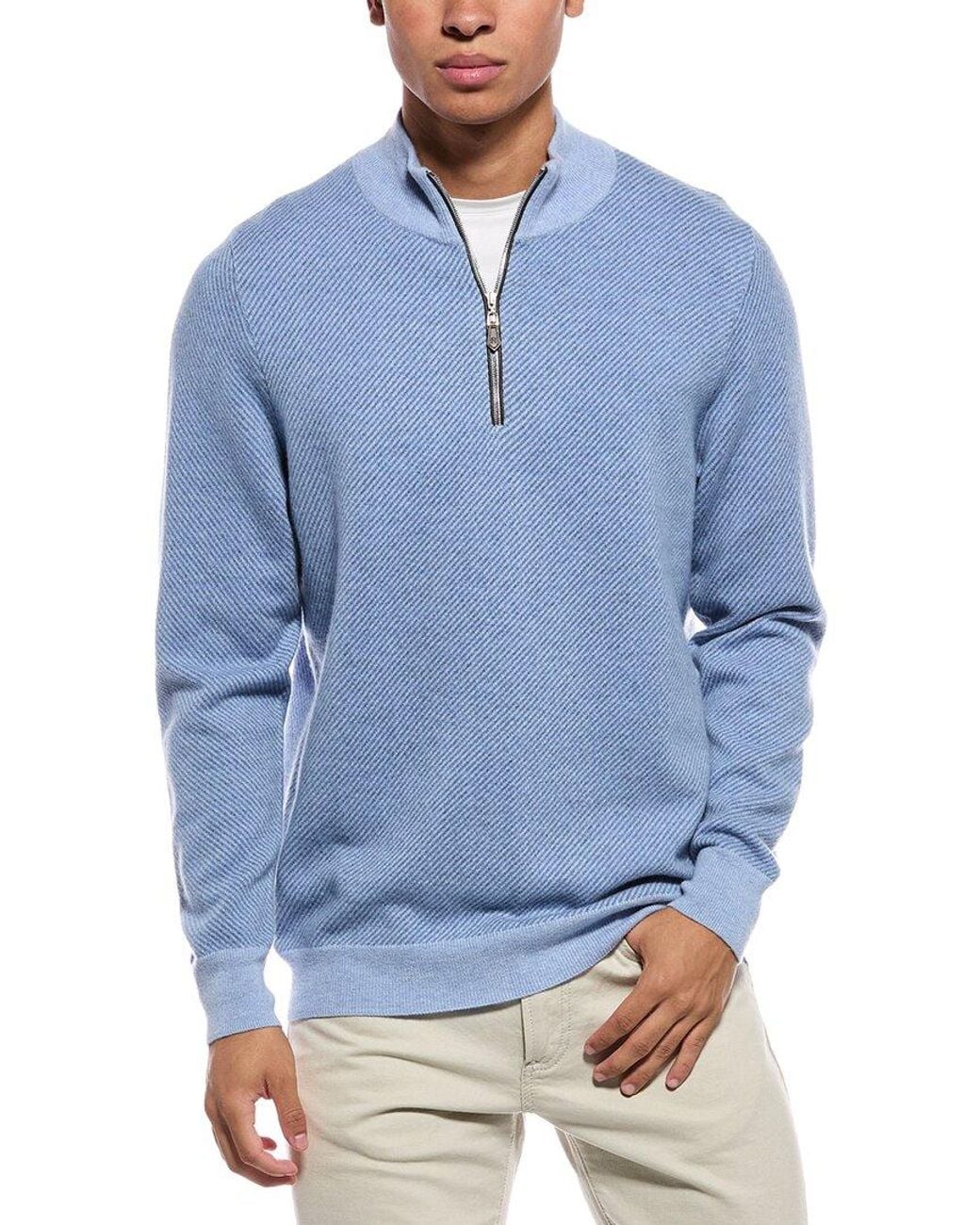 N.Peal Cashmere Blue Temple Jacquard 1/2-Zip 100% Cashmere Mock Neck Sweater for men