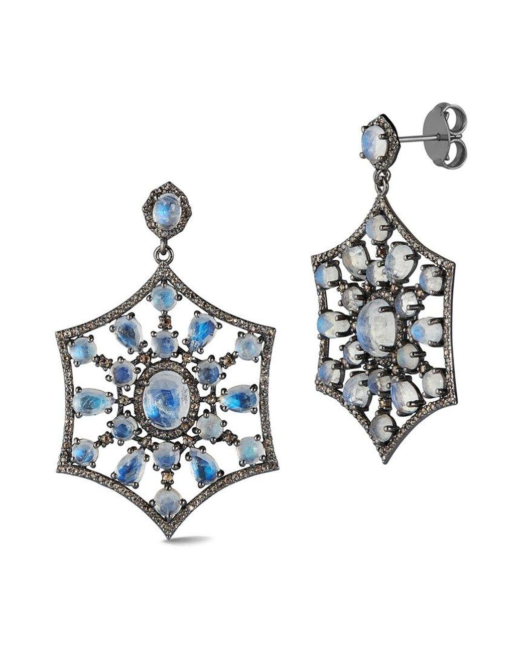 Banji Jewelry White Silver 19.73 Ct. Tw. Diamond & Rainbow Moon Stones Drop Statement Earrings