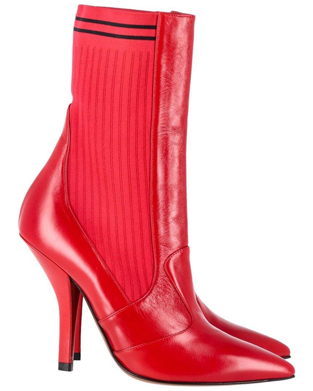Fendi Red Leather Rockoko Stretch-Knit Sock Boot (Authentic Pre-Loved)