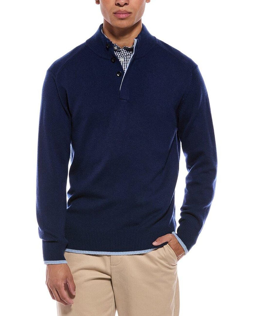 N.Peal Cashmere Blue Half Button 100% Cashmere Mock Neck Sweater for men