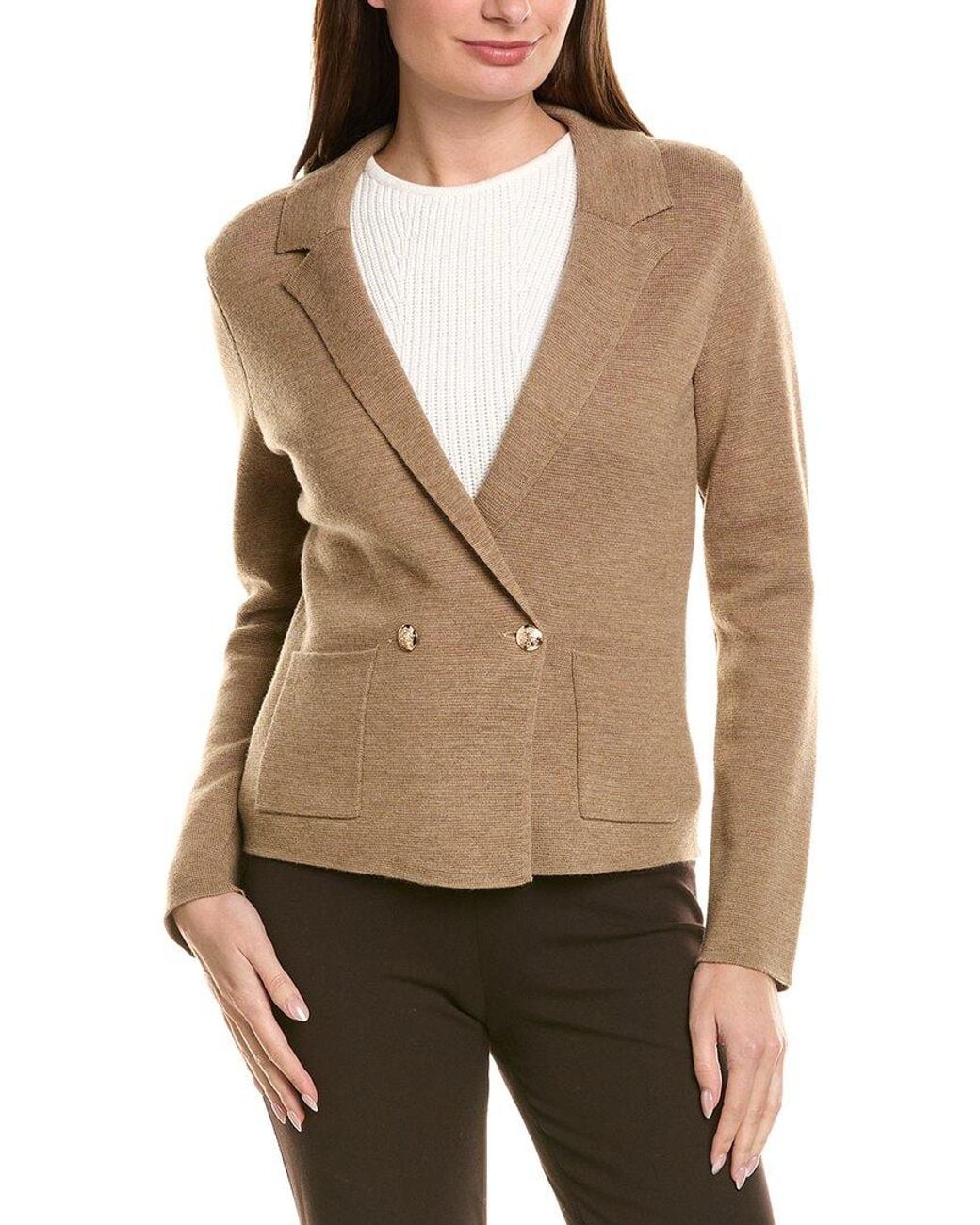 Bruno Magli Natural Contrast Trim V-Neck Wool Cardigan
