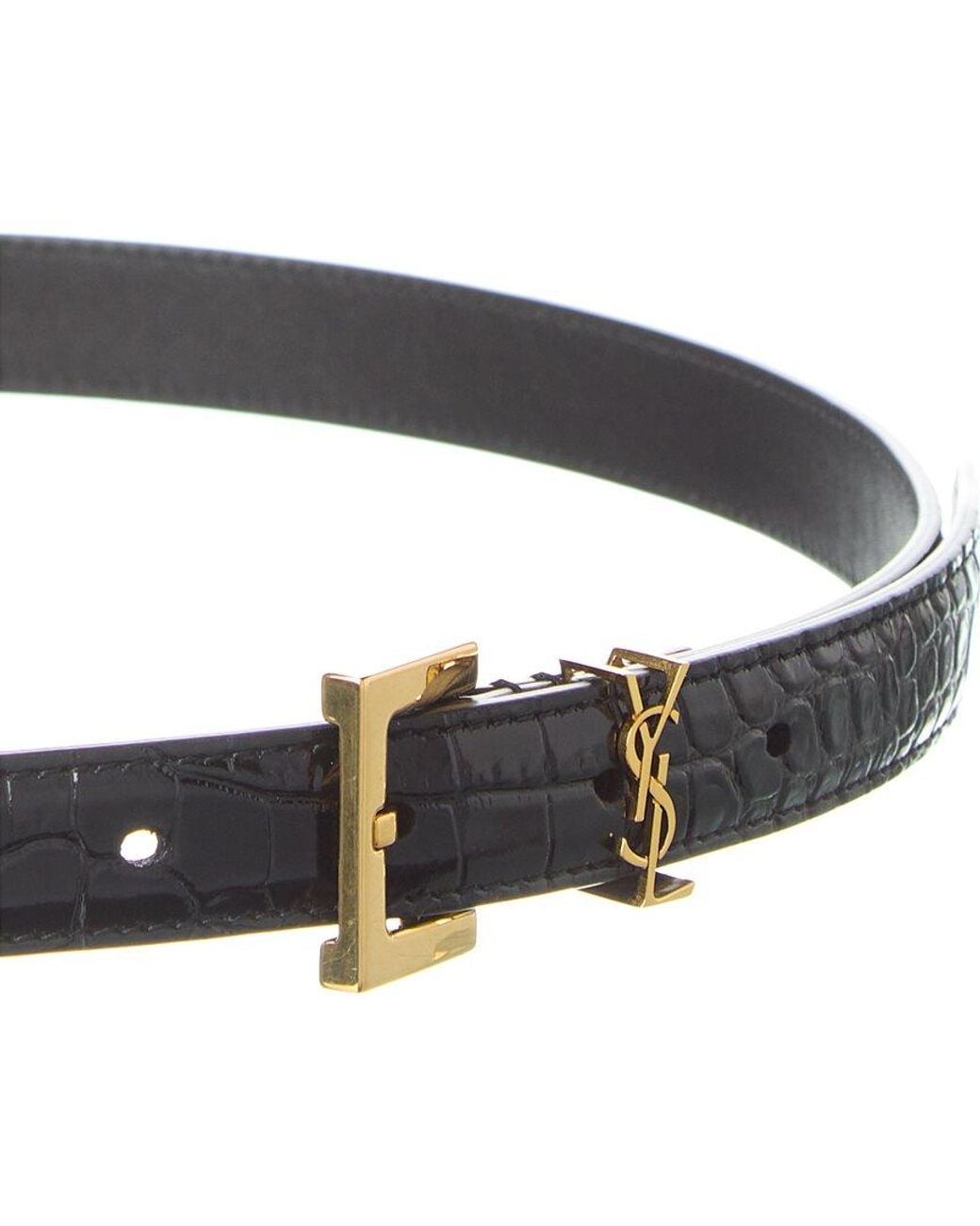 Saint Laurent Black Cassandre Croc-Embossed Leather Belt