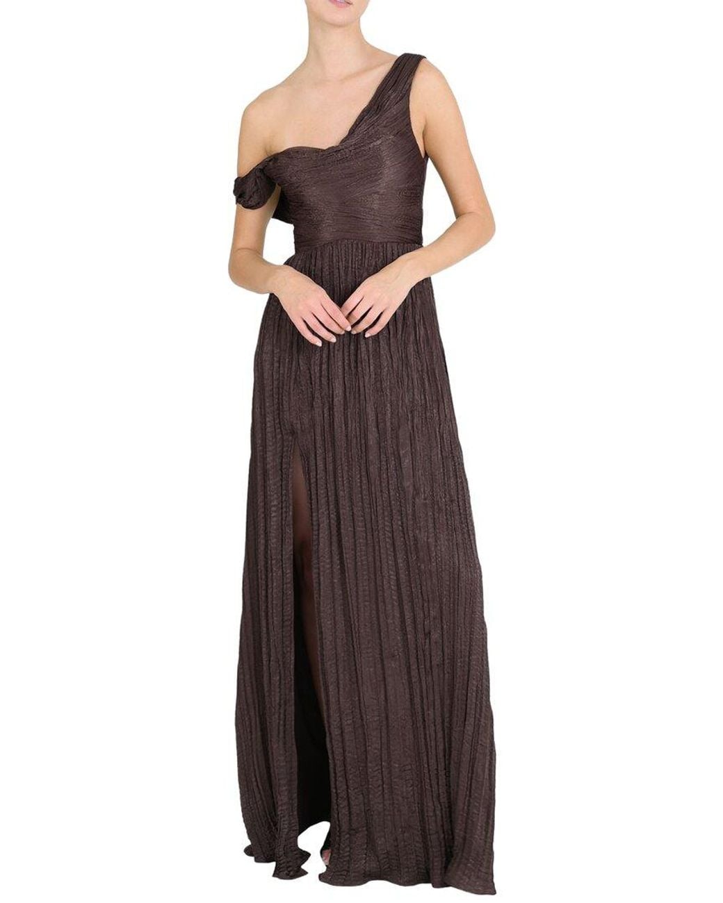 Marchesa Brown One-Shoulder Pleated Satin Gown