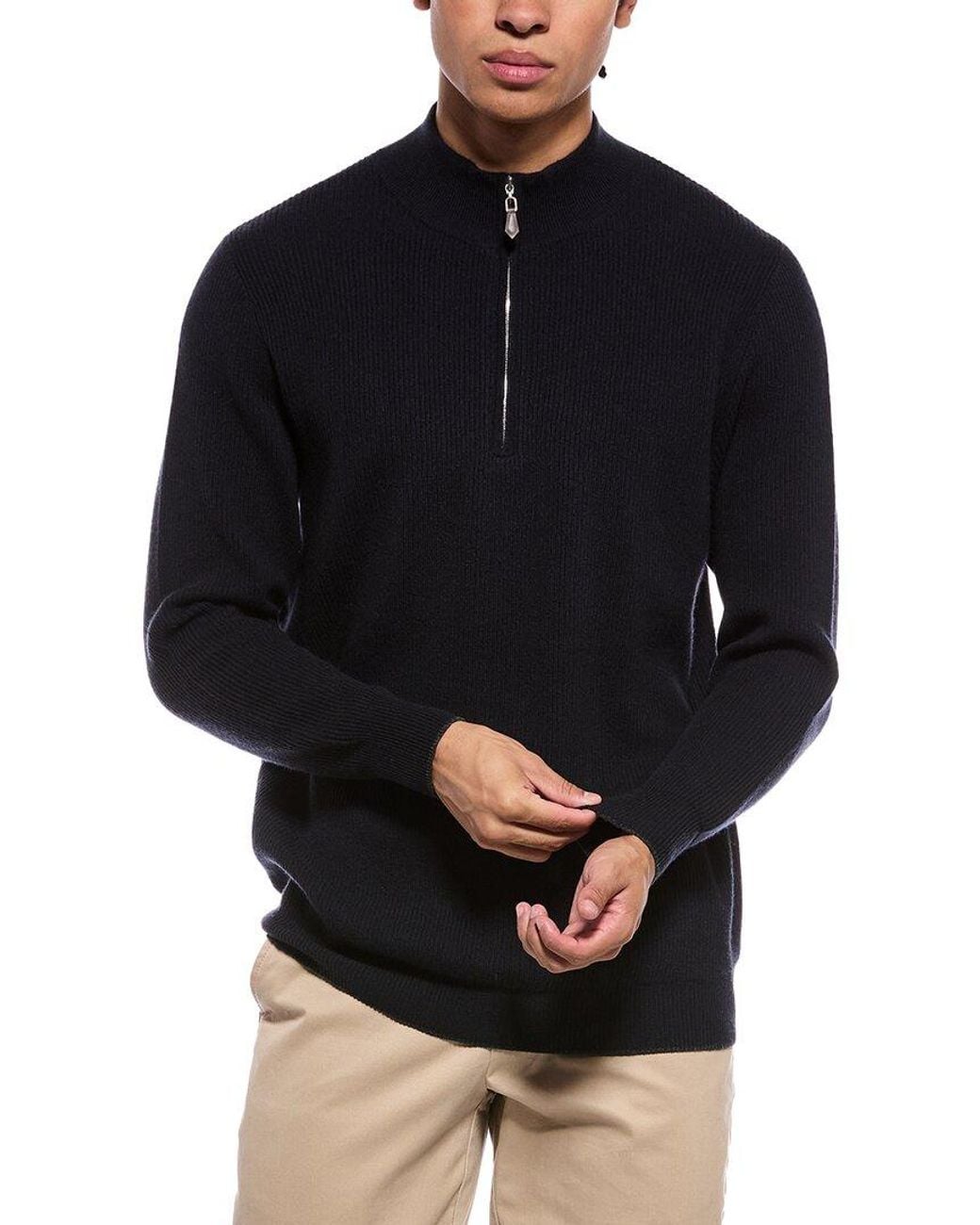 N.Peal Cashmere Blue Ribbed 1/2-Zip 100% Cashmere Mock Neck Sweater for men