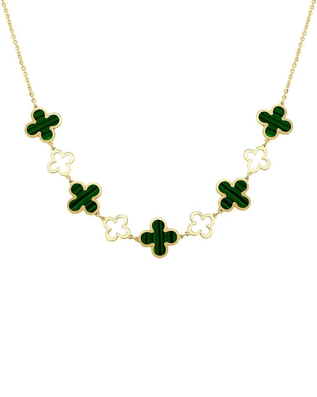 Italian Gold Metallic 14K Malachite Station Layered Clover Necklace