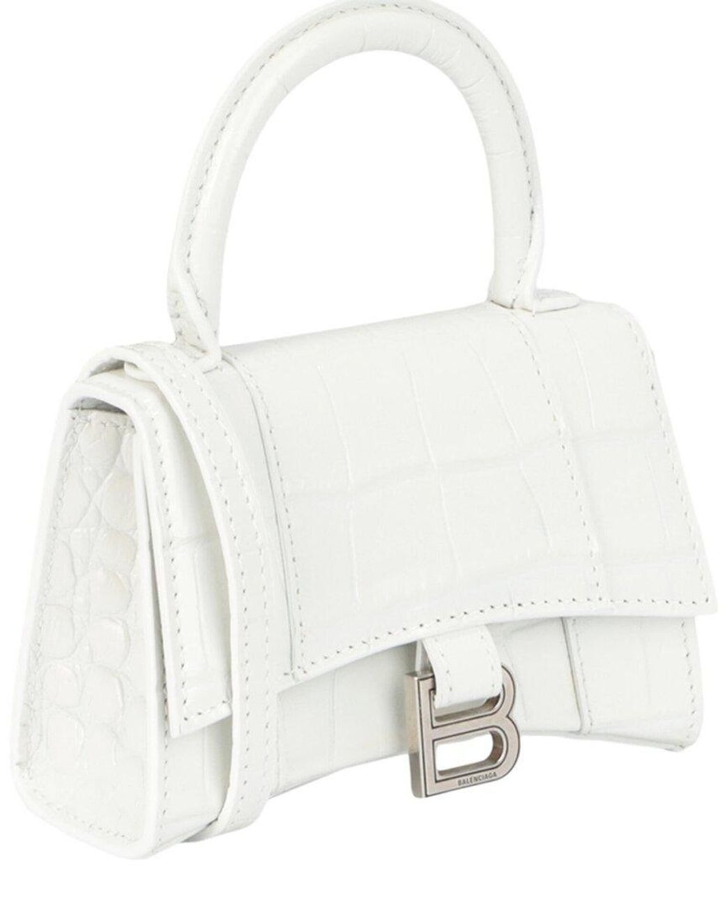 Balenciaga White Hourglass Xs Crocodile Embossed Leather Top Handle Bag