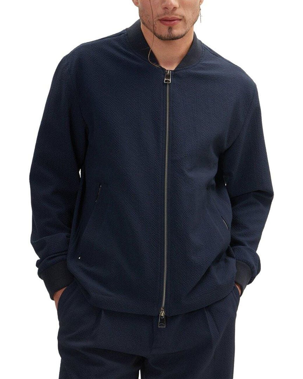 Ron Tomson Blue Waffle Stretch Beach Day Bomber Jacket for men