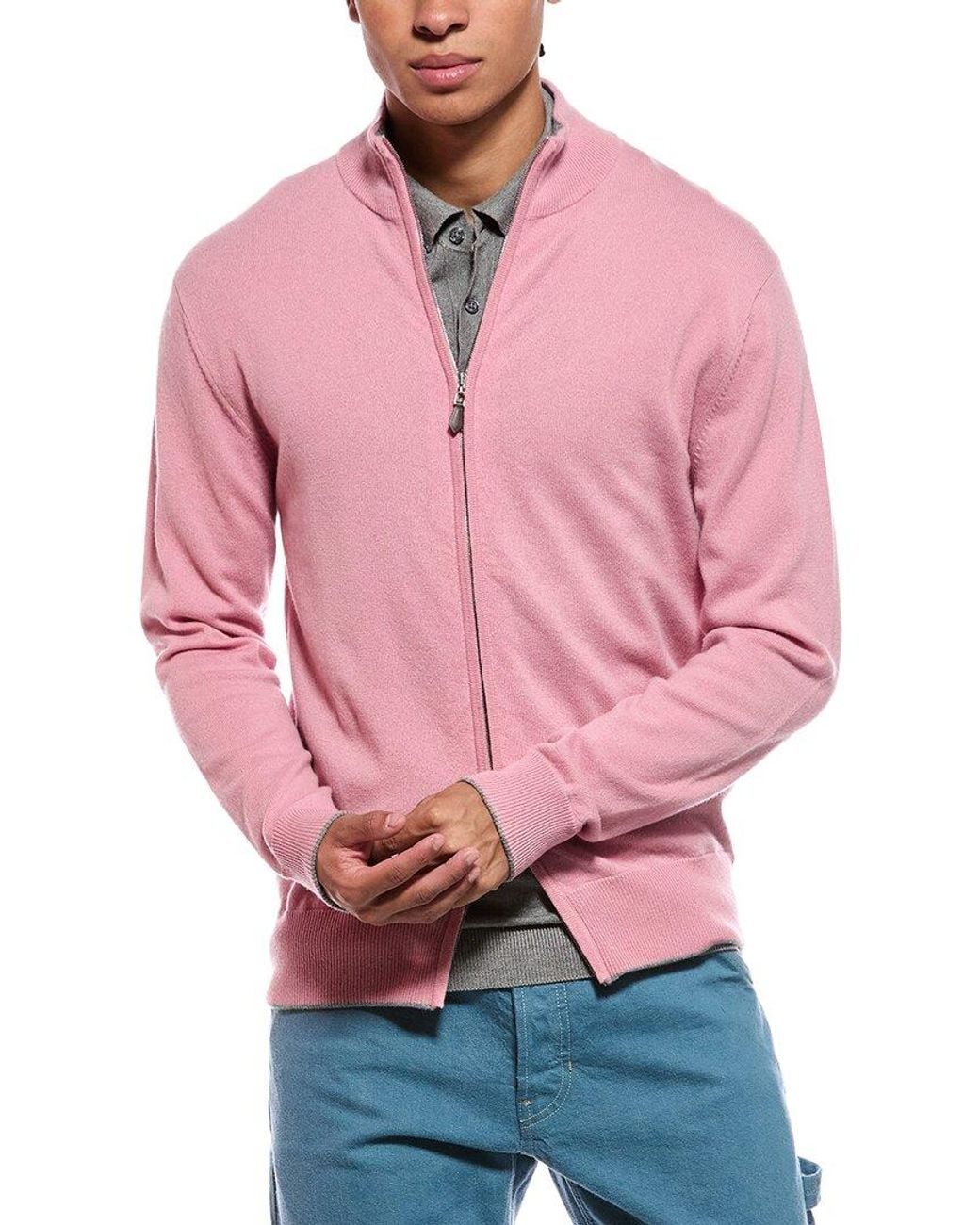N.Peal Cashmere Red Knightsbridge Full Zip 100% Cashmere Mock Neck Sweater for men