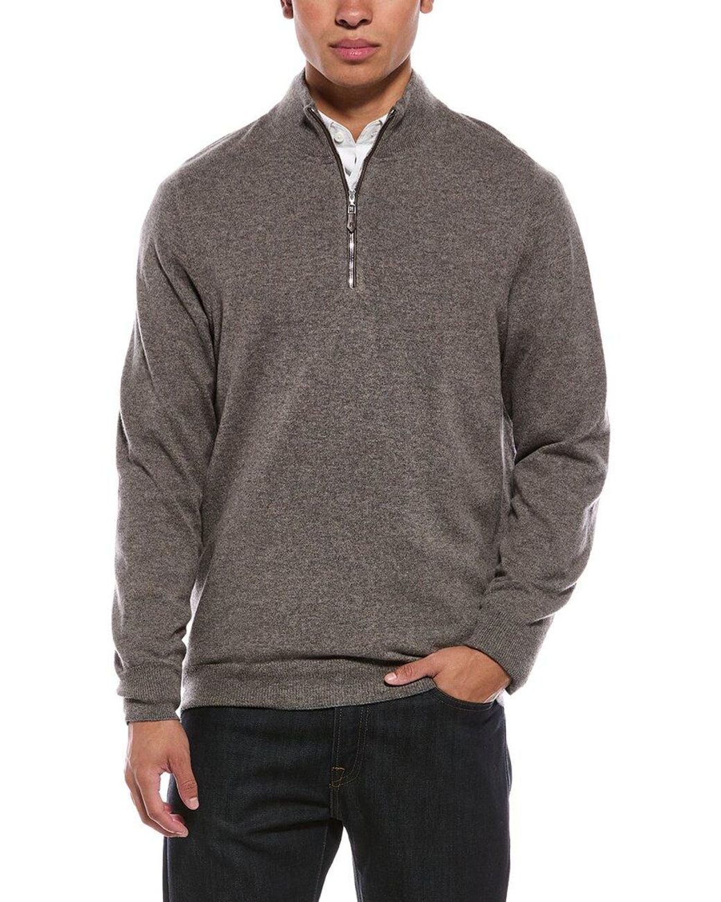 N.Peal Cashmere Gray Carnaby 1/2-Zip 100% Cashmere Mock Neck Sweater for men