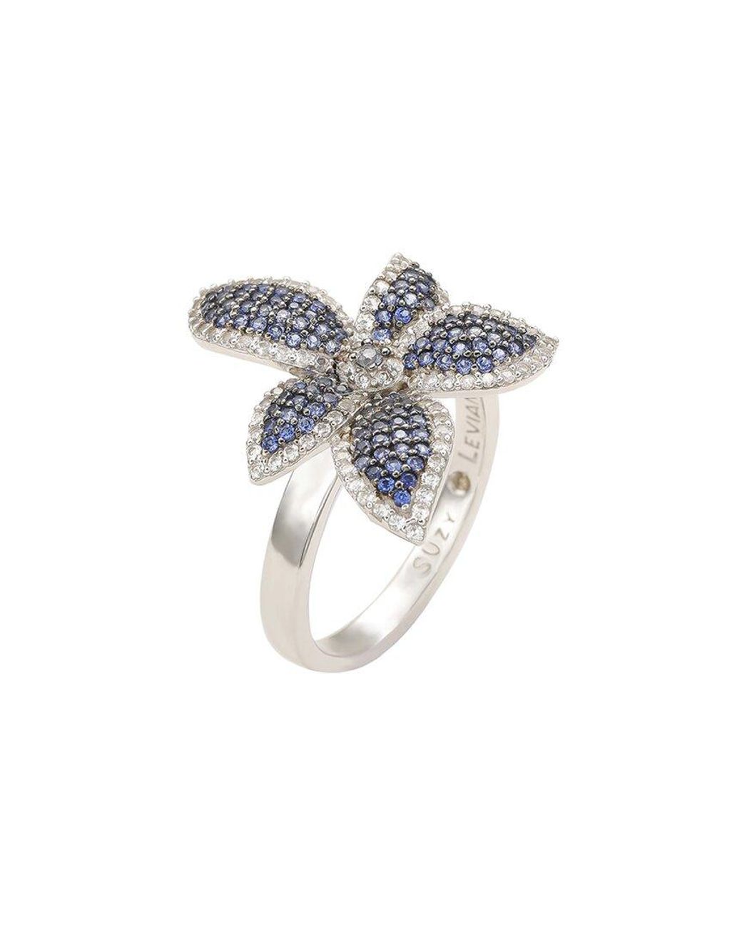 Suzy Levian White Silver 0.02 Ct. Tw. Diamond & Sapphire Ring
