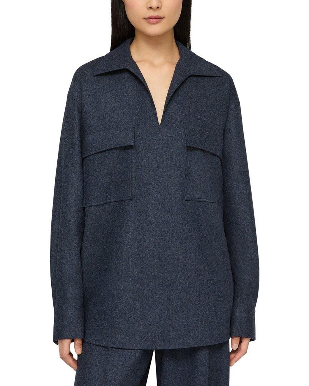 Lafayette 148 New York Blue Patch Pocket Silk-Blend Popover Shirt