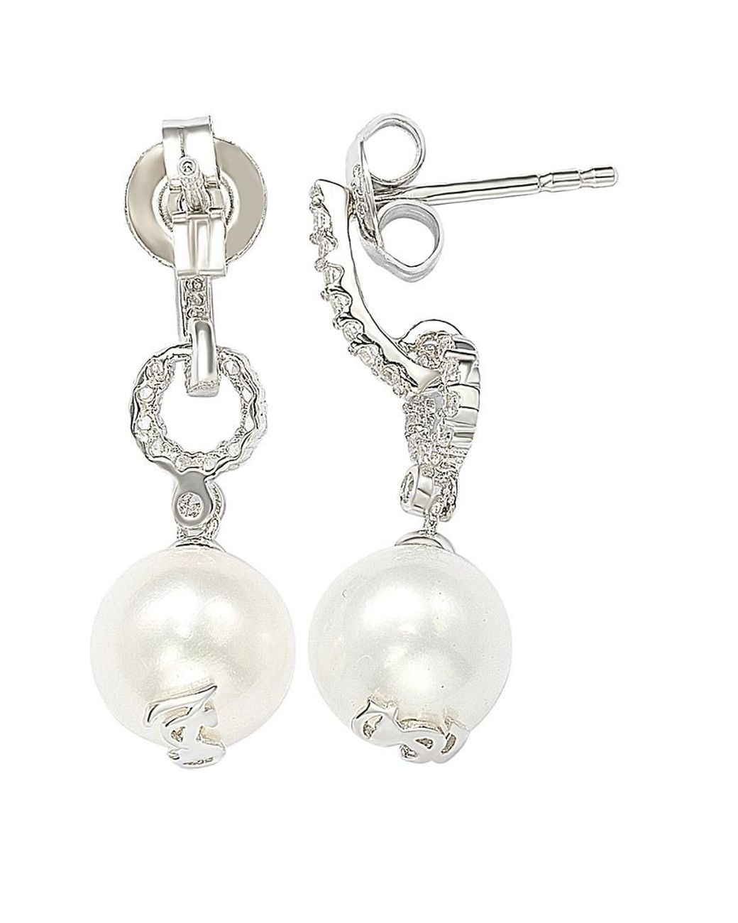 Suzy Levian White Silver Sapphire & 8mm Pearl Earrings