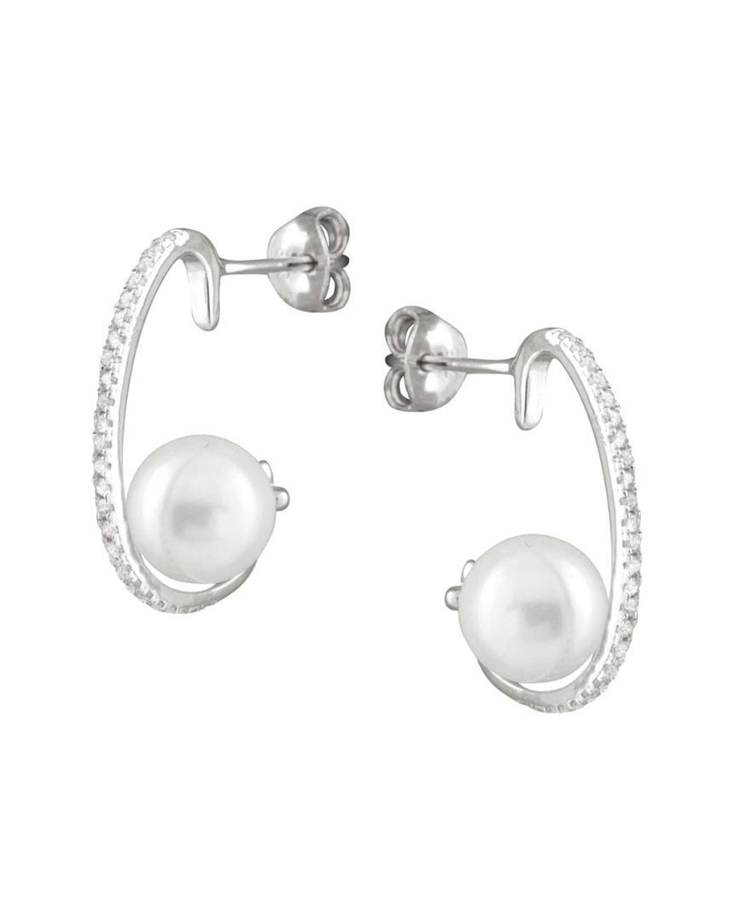 Splendid Metallic Rhodium Plated Silver 8-8.5mm Shell Pearl Drop Earrings