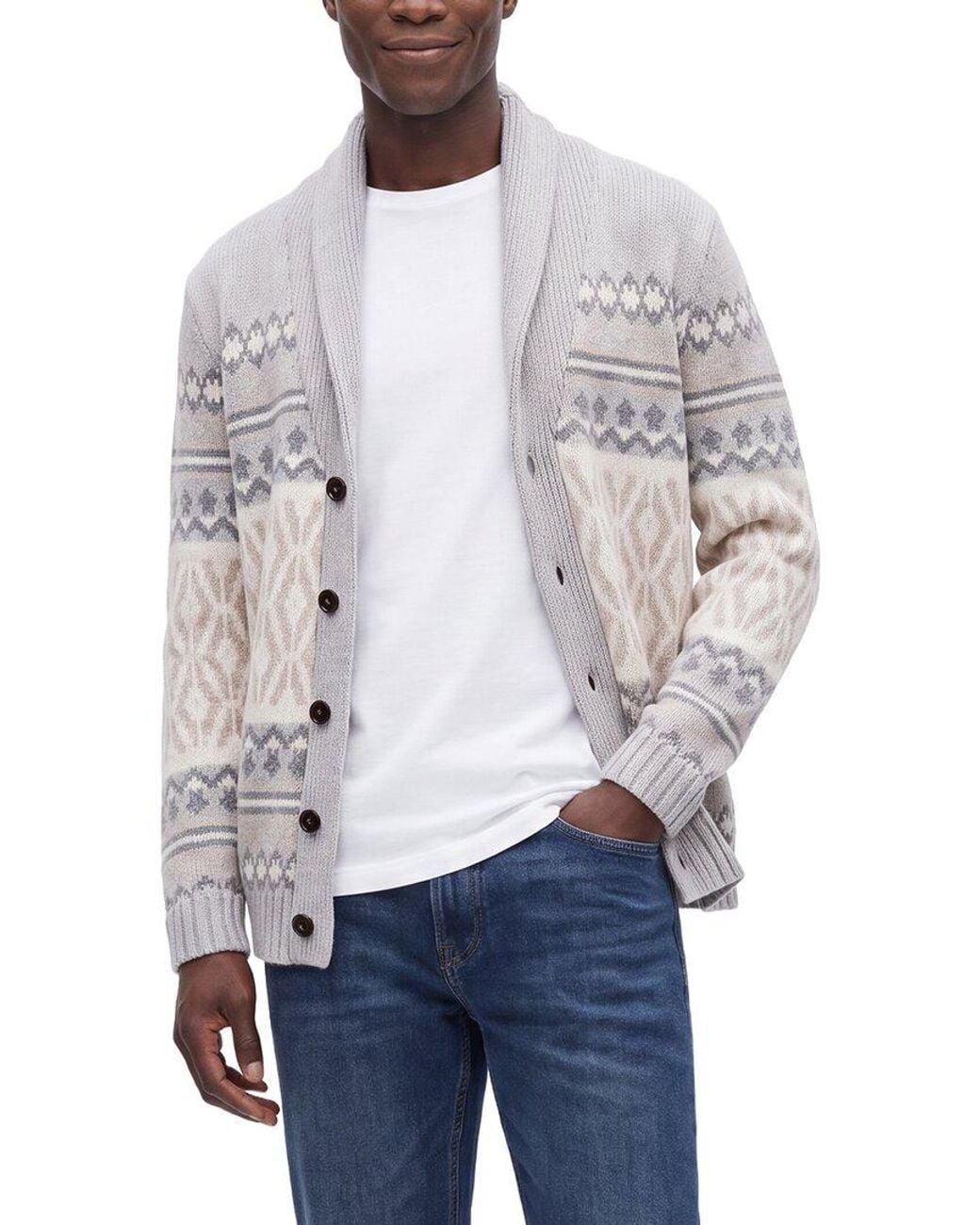 N.Peal Cashmere Gray Jacquard 100% Cashmere Shawl Collar Cardigan for men