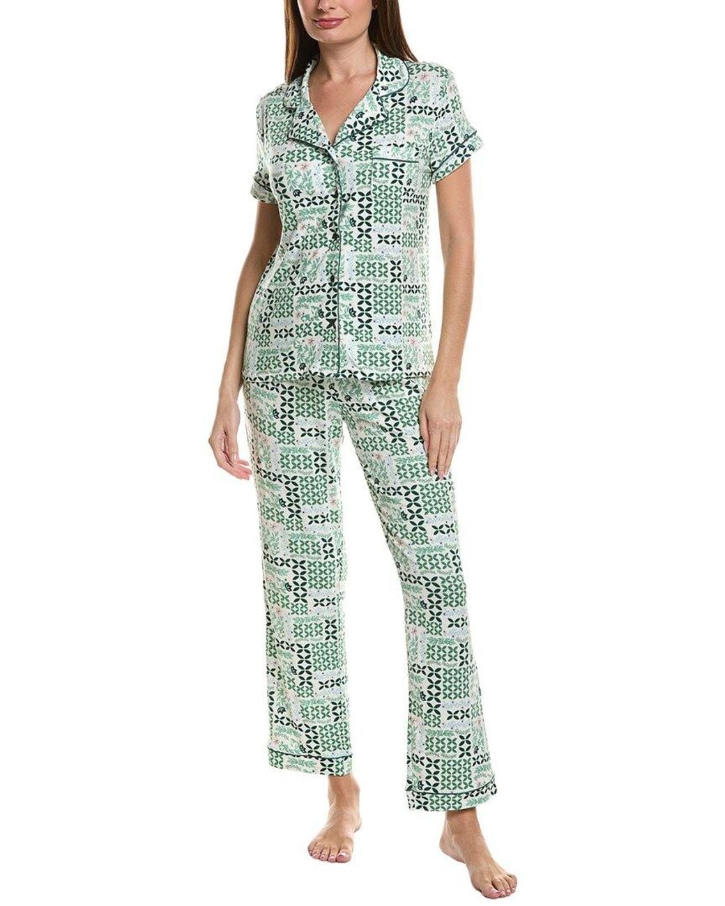 THREAD & STITCH Green 3pcnotch Collar Top & Short & Pant Pj Set