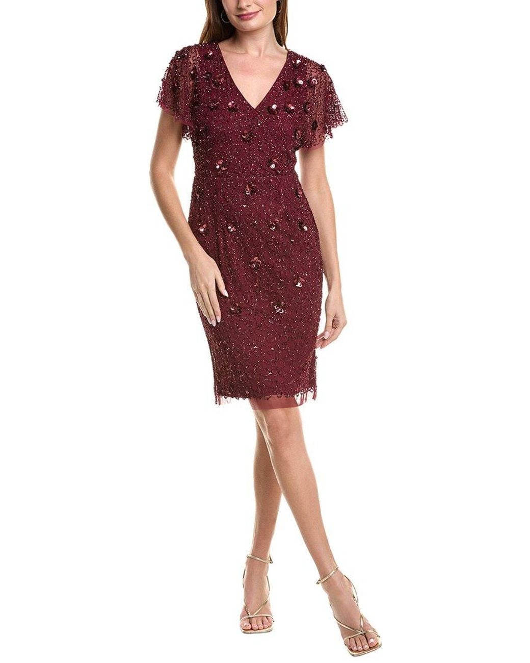 Adrianna Papell Red Bead Mesh Flutter Sheath
