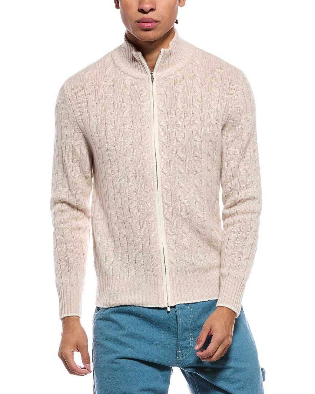 N.Peal Cashmere White Contrast Cable Full Zip 100% Cashmere Mock Neck Sweater for men