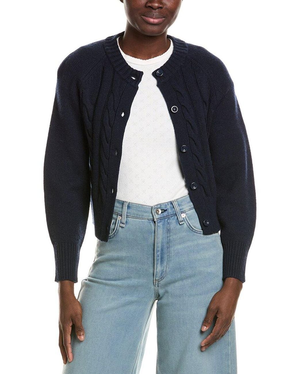 Neiman Marcus Blue Crop Wool & Cashmere-Blend Cardigan