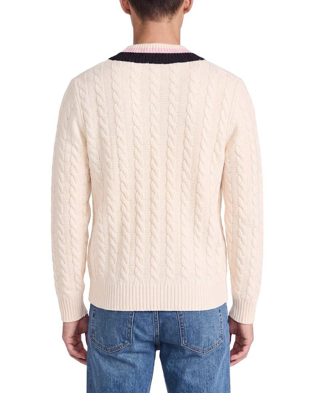 N.Peal Cashmere Blue Cable Cricket 100% Cashmere V-Neck Jumper for men