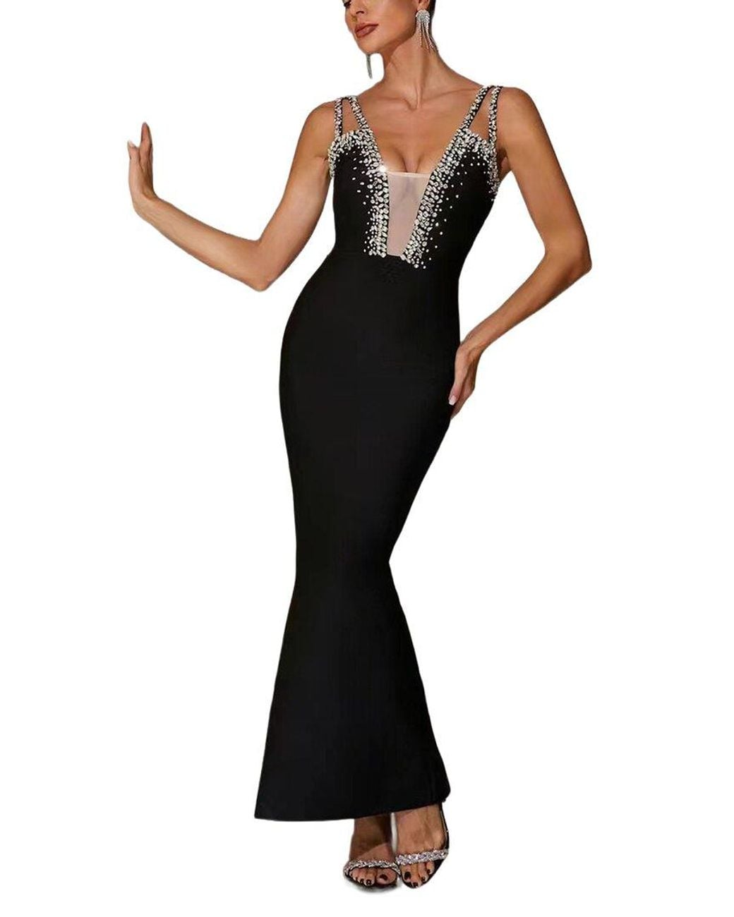 Dilireba Black Sleeveless Embellished Maxi Dress