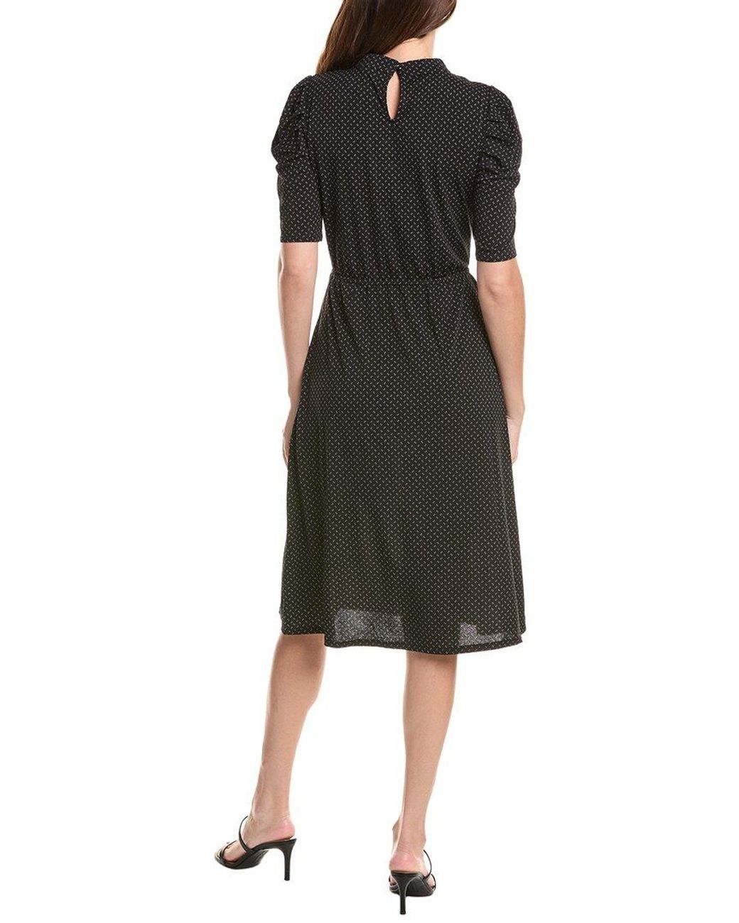 Adrianna Papell Black Printed Knit Moss Crepe Ruffle Neck Dress